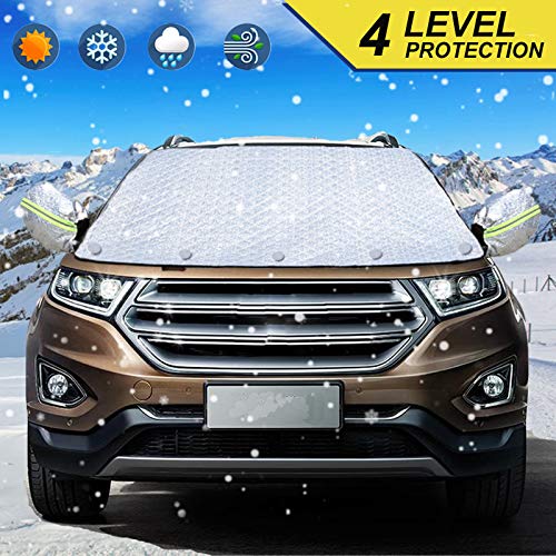 IVSUN Windshield Snow Cover with Reflective Ear Caps, 4 layers protector Ice Thermal car Windshield cover Anti-UV Frost Guard covers waterproof Windshield Winter Cover Thicker Snow cover (48.4″×62.2″)