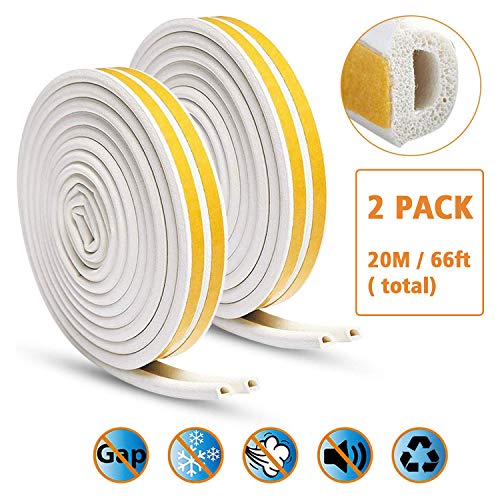 KELIIYO Door Weather Stripping, Window Seal Strip for Doors and Windows - Self-adhisive Foam Weather Strip Door Seal | Soundproof Seal Strip Insulation Gap Blocker Epdm D Type 66ft(20m) 2 Pack (White)