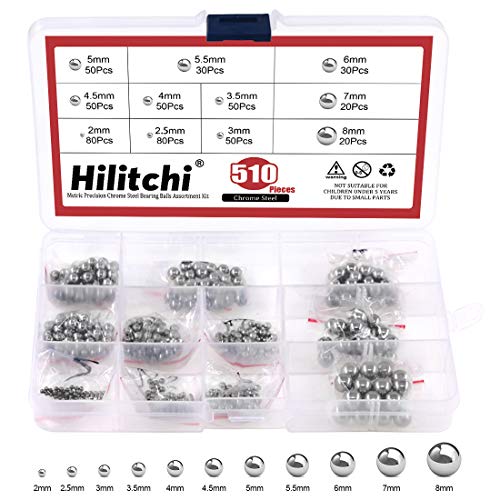 Hilitchi 510 Pcs Metric Precision Chrome Steel Bearing Ball Assortment Kit