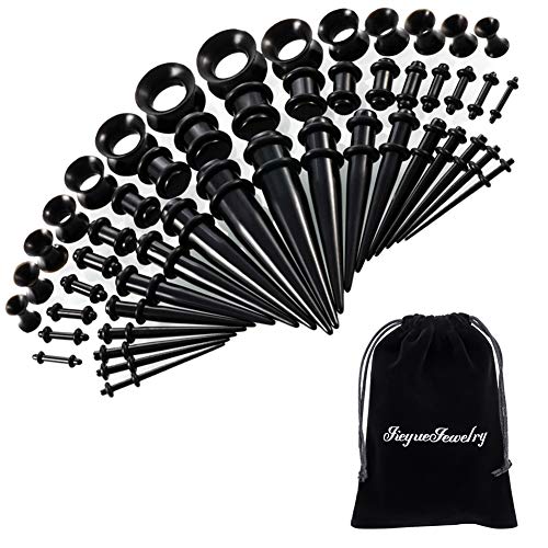 50 Pieces Ear Stretching Kit 14G-00G by Jiquan - Acrylic Tapers and Plugs + Silicone Tunnels - Ear Gauges Expander Set Body Jewelry (Black)