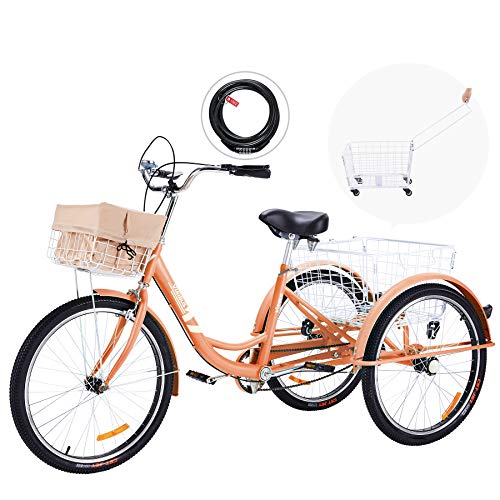 Viribus 26 Inch Single Speed Adult Tricycle | 3 Wheel Cruiser Bike with Removable Wheeled Basket, Dustproof Bag, Lights & Bell for Cycling Shopping Picnic | Hybrid Beach Trike for Men & Women, Pink