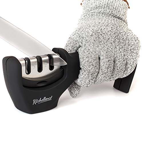 2-in-1 Kitchen Knife Accessories: 3-Stage Knife Sharpener Helps Repair, Restore and Polish Blades and Cut-Resistant Glove