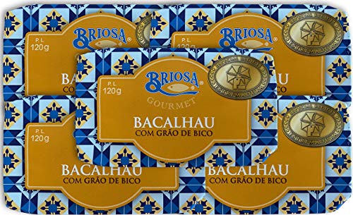 Briosa Gourmet Cod Fish fillets in Olive Oil, with Chickpeas 5 tins x120 g | Preserved and packaged by Hand | Rich in Omega-3 | Portugal