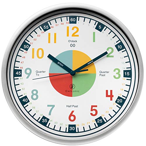 Telling Time Teaching Clock - Kids Room, Playroom Décor Analog Silent Wall Clock. Great Visual Learning Clock Time Resource. Perfect Educational Tool for Homeschool, Classroom, Teachers and Parents.