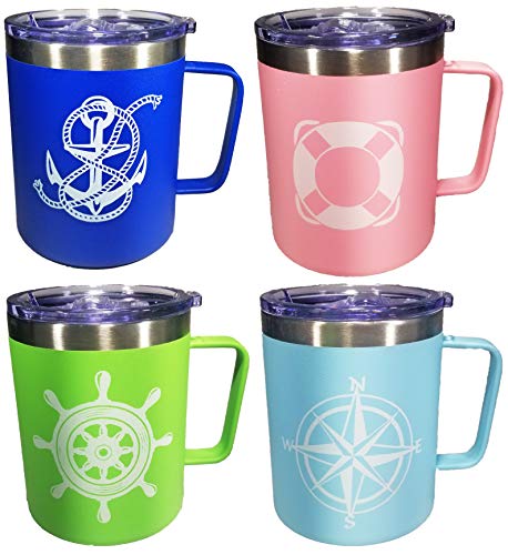XYZ Boat Supplies –Nautical Design - Boat, Pool, Camping or RV - 4 Piece Stainless Steel Insulated Coffee Mug Set- Perfect Boating, Sailing, Fishing, The Pool, The Beach and More