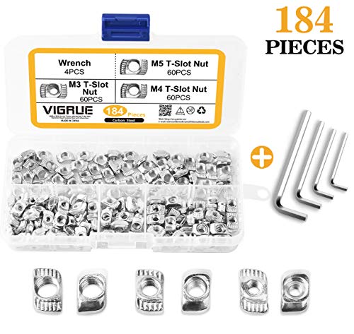 VIGRUE 180Pcs 2020 Series T Nuts, M3 M4 M5 T Slot Nut Hammer Head Fastener Nut Nickel Plated Carbon Steel with 4 Matching Wrenches for Aluminum Profile