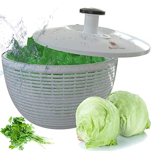 Brieftons Salad Spinner (BR-SS-02): Large 6.2 Quart Lettuce Greens Washer Dryer Drainer Crisper Strainer, Easy One-Hand Pump Operation, Compact Storage, Perfect for Washing & Drying Leafy Vegetables