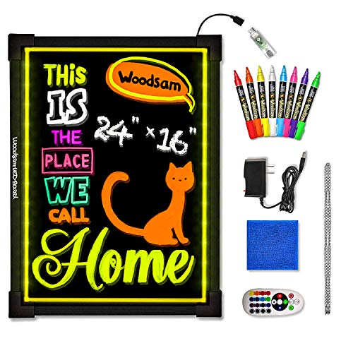 Woodsam LED Drawing Painting Board - 24' x 16' Erasable Non Porous Glass Surface with 8 Fluorescent Window Markers-Best for Chalkboard Blackboard Whiteboard Bulletin/Letter/Spelling/Display/Menu Board