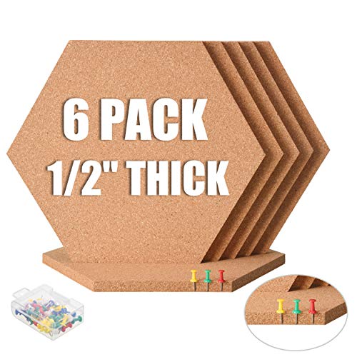 SUNGIFT Hexagon Cork Board Tiles Self Adhesive 6 Pack - 1/2' Thick Corkboards for Wall 12' x 10.2' Memo Boards Pin Board Decorative Bulletin Board for Office Home Kitchen - 50 Multi-Color Push Pins