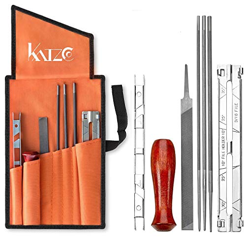 Katzco Chainsaw Sharpener File Kit - Contains 5/32, 3/16, and 7/32 Inch Files, Wood Handle, Depth Gauge, Filing Guide, and Tool Pouch - for Sharpening and Filing Chainsaws and Other Blades