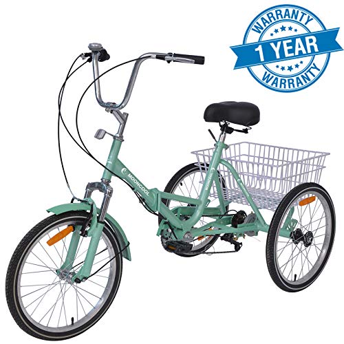 Slsy Adult Folding Tricycles, 7 Speed Folding Adult Trikes, 20 Inch 3 Wheel Bikes with Low Step-Through, Foldable Tricycle with Basket for Adults, Women, Men, Seniors. (Mint Green, 20' Tire 7-Speed)