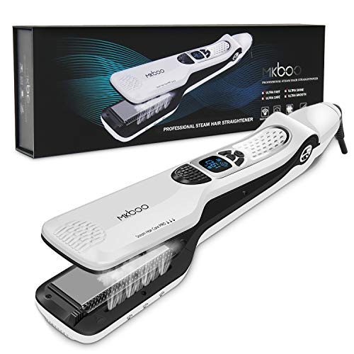 MKBOO Hair Straightener with Steam,Salon Professional Nano Titanium Ceramic Steam Flat Iron with Removable Comb+Digital LCD+5 Level Adjustable Temperature+Auto Temperature Lock White