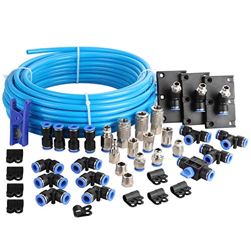 WYNNsky Shop Air Line Kit, 3/8 Inch (9.5MM) OD × 60 Feet Nylon Compressed Air Pipe, 200PSI, Cutter, Tees, Mounting clips, Connectors, 49PCS Garage Air Compressor Accessories Master Kit