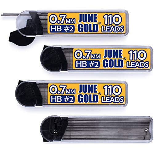 June Gold 440 Pieces, 0.7 mm HB #2 Lead Refills, 110 Pieces Per Tube, Medium Thickness, Break Resistant Lead/Graphite (Pack of 4 Dispensers)