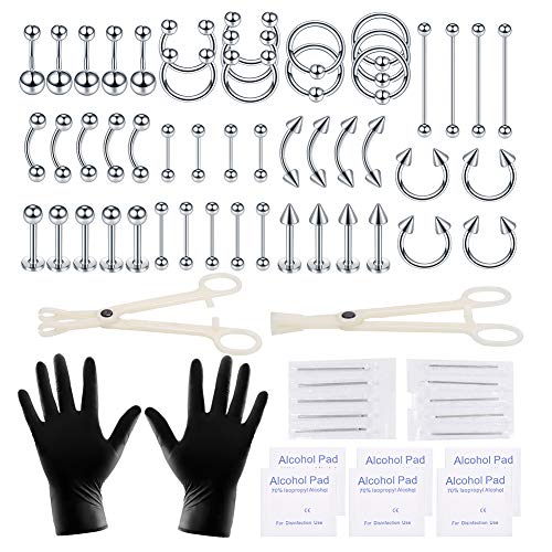 Xpircn 70PCS Piercing Kit Stainless Steel 14G 16G Lip Nose Tongue Tragus Cartilage Daith Eeybrow Belly Button Rings Body Piercing Tools