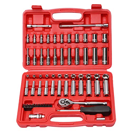 CASOMAN 1/4-Inch Drive Master Socket Set with Ratchets,Universal Joint, Extensions with 1/4’‘ Dr. Bits Set, Inch/Metric, 6-Point, 5/32-Inch - 9/16-Inch, 4 mm - 14 mm, 62-Piece 1/4' Dr. Socket Set