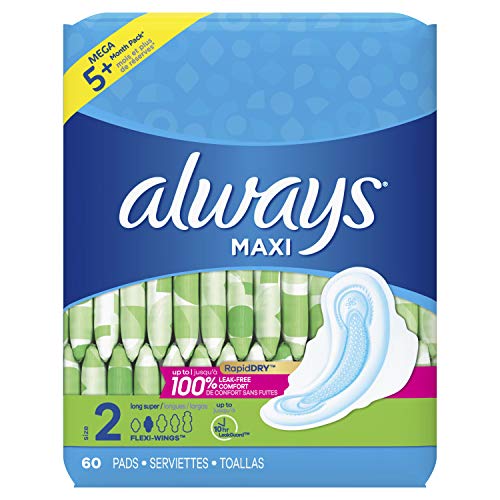 ALWAYS Maxi Size 2 Super Pads With Wings Unscented, 60 Count