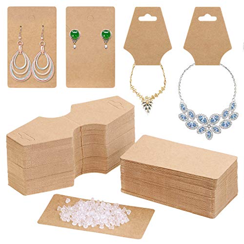 Earring Cards for Display, Anezus 200 Pack Earring Packaging Holder Cards with Necklace Display Cards and 200 Earring Backs for Earrings Necklace Jewelry Display, Kraft Color, 3.5x2 Inches