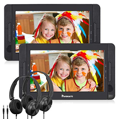 NAVISKAUTO 10.5' Dual Screen DVD Player Portable for Car with Headphones, 5-Hour Built-in Rechargeable Battery, Supports USB/SD/MMC Reader and Region Free (Host DVD Player+ Slave Monitor)