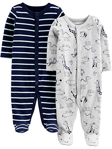Simple Joys by Carter's Boys' 2-Pack Cotton Footed Sleep and Play, Animals Green/Stripe, Newborn