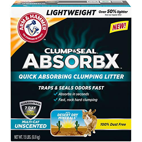 Arm & Hammer Clump & Seal AbsorbX Clumping Litter, MultiCat Unscented,15 lb (Works Like 30 Pounds)