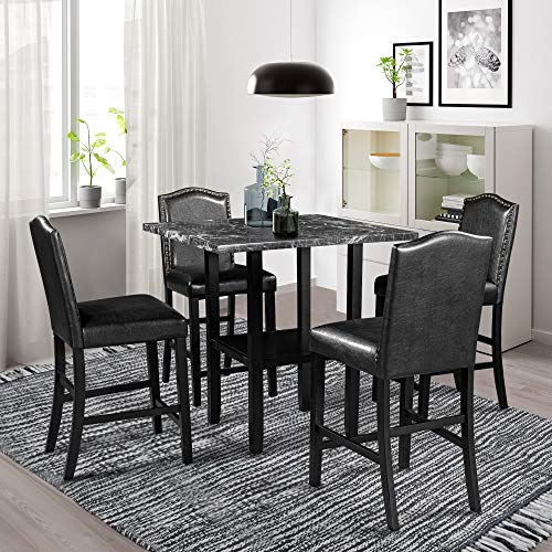 Harper & Bright Designs 5-Piece Dining Table Set with Faux Marble Veneer Tabletop/Bottom Shelf/ 4 Upholstered Chairs for Kitchen Dining Room Furniture Set, Black Chair+Black Table