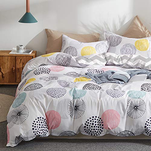 Uozzi Bedding 3 Piece Duvet Cover Set Queen (1 Duvet Cover + 2 Pillow Shams) with Colorful Dots, 800 - TC Comforter Cover with Zipper Closure, 4 Corner Ties - Pink Gray Yellow Circles for Adult/Kids