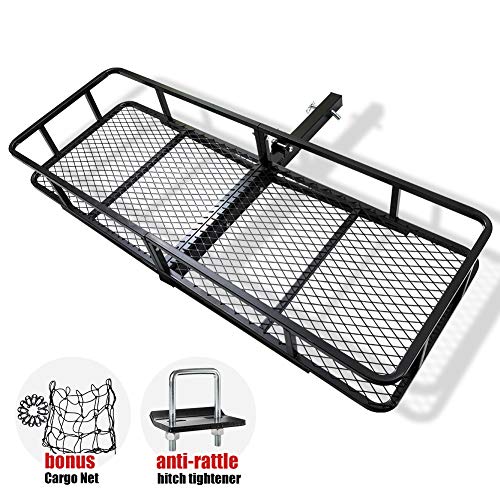 FieryRed Folding Cargo Carrier Luggage Basket - 500 lbs. Capacity Basket Trailer Hitch Cargo Carrier with Cargo Carrier Net & Hitch Stabilizer, Fits 2-Inch Receiver