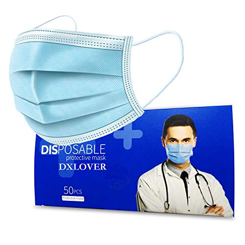 Face Masks, 3 Layer, Adult, Blue, 50 packs come with independent box packages, by DXLOVER fullfilled by amazon