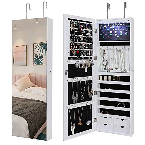 IWELL 8 LEDs Jewelry Cabinet Armoire with 47.3'H Full Length Mirror, Lockable Wall/Door Mounted Jewelry Organizer with 4 Drawers, 3 Adjustable Heights, Large Capacity, Dressing Makeup Mirror, White