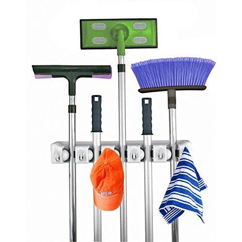 Home- It Mop and Broom Holder, 5 Position with 6 Hooks Garage Storage Holds up to 11 Tools, Storage Solutions for Broom Holders, Garage Storage Systems Broom Organizer for Garage Shelving Ideas