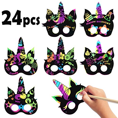 MALLMALL6 24Pcs Unicorn Mask Rainbow Scratch Unicorn DIY Masks Party Favors Color Reveal Scratchboard Unicorn Theme Birthday Party Supplies Decorations Dress Up Costumes Crafts Kit for Boys Girls