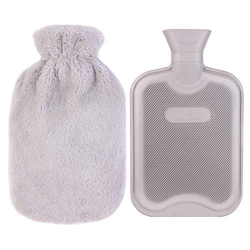 HomeTop Premium Classic Rubber Hot Water Bottle w/Luxurious Faux Fur Plush Fleece Cover (2L, Gray)