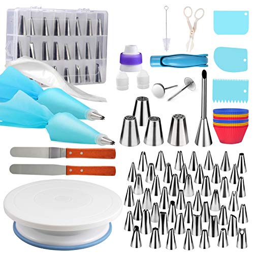 Cake Decorating Set, 110PCS Supplies Kit, with Turntable Stand, Icing Dispensers Tips, Russian Tips, Puff Piping Tip, Pastry Bags, Spatula Tools, Couplers, Baking Cups, Pattern Chart
