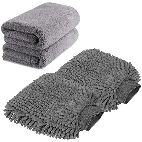 TAGVO Large Size Car Wash Mitt-Premium Chenille Microfiber Wash Glove and Microfiber Towels - Lint Free（2 Towels + 2 Mitts）