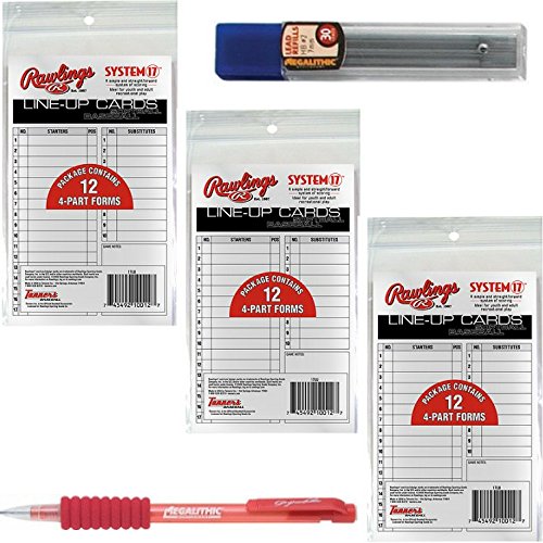 Rawlings Baseball/Softball Lineup Cards 3-Pack (36 Total Cards) Bundled with Gripadelic Pencil and Refill Pack