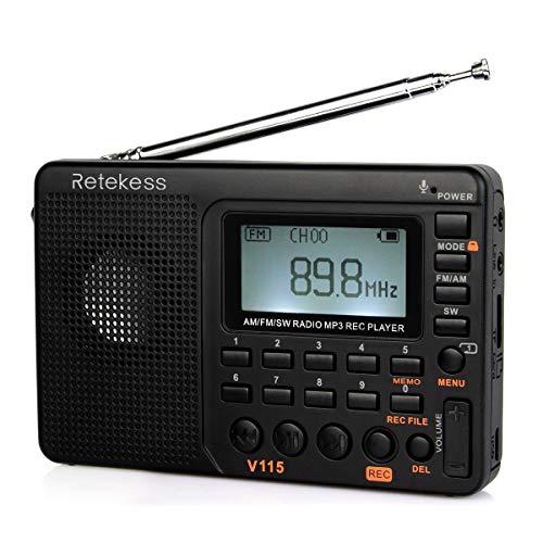 Retekess V115 Portable AM FM Radio with Shortwave Radio MP3 Player Digital Record Support TF Card Sleep Timer and Rechargeable Battery (Black)