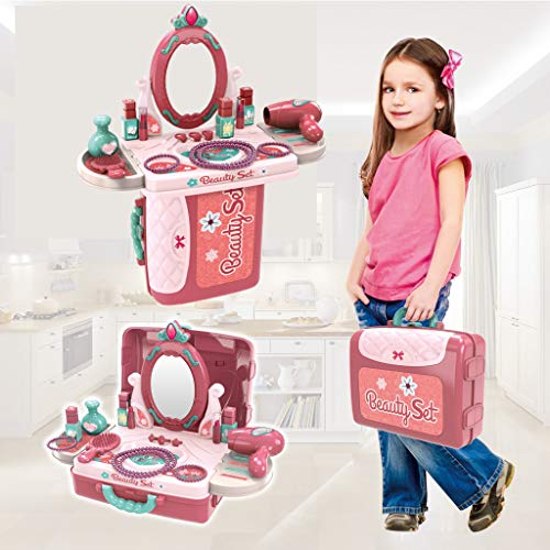 Ship from USA Dream Kids Vanity Set,Dressing Table Beauty Set 3 in 1 Vanity Pretend Play Dressing Table & Suitcase Beauty Make Up Set with Hairdryer, Mirror & Hair Styling Accessories (A)