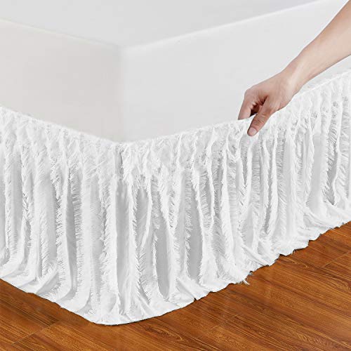 QSY Home Wrap Around Elastic Bed Skirts 16 Inches Drop Dust Ruffle Luxury Fashional Fabric Three Sides Easy On/Easy Off Adjustable Polyester(White Queen/King)