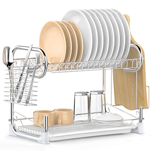 iSPECLE Dish Drying Rack, 2-Tier Dish Rack with Utensil Holder, Cutting Board Holder and Dish Drainer for Kitchen Counter, Plated Chrome Dish Dryer Silver