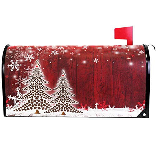 Merry Christmas Tree Winter Snowflake Pine Mailbox Covers Standard Size Red Christmas Tree Wood White Snow Magnetic Mail Wraps Cover Letter Post Box 21' Lx 18' W