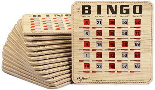 Regal Games Extra Thick Stitched Woodgrain Quick Clear Rapid Reset Shutter Bingo Cards with Big Tabs, 5 Pack
