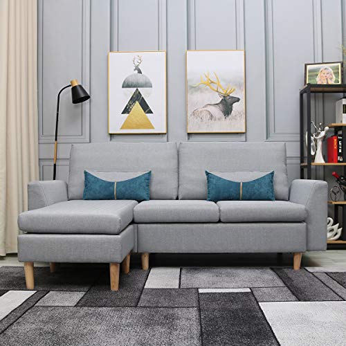 Sectional Sofa, L-Shape Sectional Couch with Reversible Chaise, Couches and Sofas with Modern Linen Fabric for Small Space (Grey-Blue)