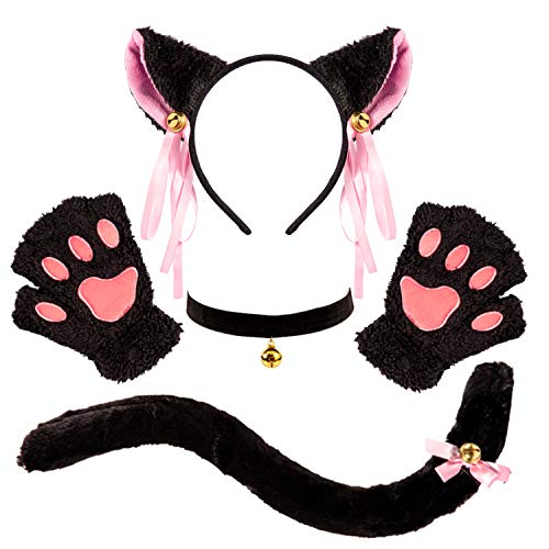 Whaline Black Cat Costume Halloween Cat Cosplay Set Plush Cat Ear Headband Tail Choker Necklace Collar Paws Gloves Lolita Gothic Masquerade Costume Accessories for Women Girl Halloween Theme Party