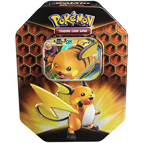 Pokemon TCG: SM11.5 Hidden Fates Gx Tin- Raichu + 1 of 3 Foil Pokémon-GX Cards + 4 Booster Pack