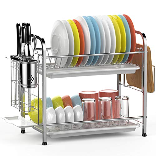 Dish Drying Rack, GSlife 2 Tier 304 Stainless Steel Dish Rack with Utensil Holder, Cutting Board Holder and Dish Drainer for Kitchen Counter,Silver