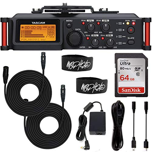 Tascam DR-70D 4-Track Multi-Track Field Recorder Bundle with 64GB Memory Card, 2X 10-Foot XLR Microphone Cable, Tascam AC Power Adapter and 2X Cable Ties