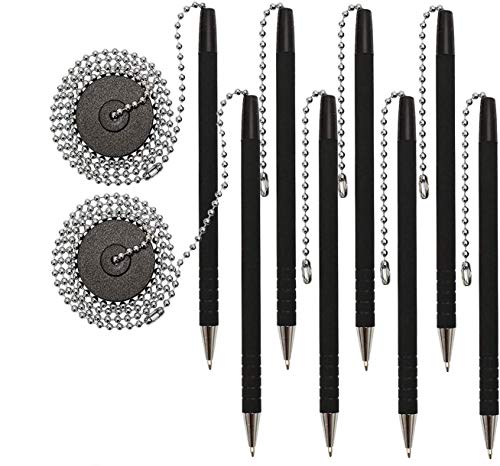 Secure-A-Pen with Adhesive, 26' Ball Chain, 2 Pack of 4 Pens (8 Pens),Rubber Grip, Black Ink and Easy To Refill
