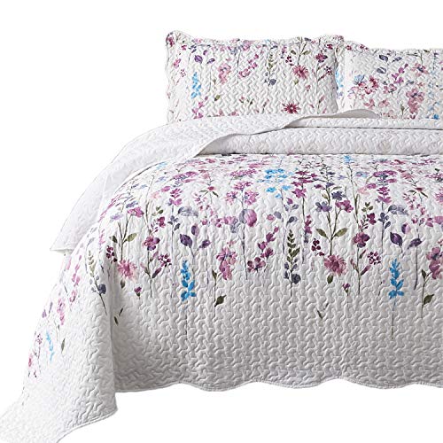 Bedsure King Size (106x96 inches) 3-Piece Quilt Set Coverlet, Lilac Flower Pattern, Lightweight Design for Spring and Summer, 1 Quilt and 2 Pillow Shams