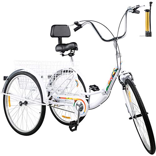 Bkisy Tricycle Adult 26’’ 1-Speed 3 Wheel Bikes for Adults Three Wheel Bike for Adults Adult Trike Adult Folding Tricycle Foldable Adult Tricycle 3 Wheel Bike Trike for Adults (White)